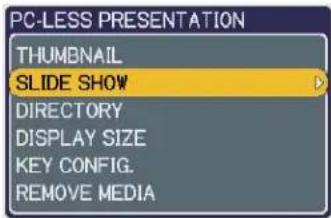 PC-LESS PRESENTATION THUMBNAIL SLIDE SHOW DIRECTORY DISPLAY SIZE KEY CONFIG. REMOVE MEDIA
