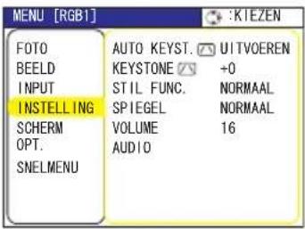 MENU [RGB1] FOTO BEELD INPUT INSTALLING SCHERM OPT. SNELMENU AUTO KEYST. ⚡️ UITVOEREN KEYSTONE √ +0 STIL FUNC. NORMAAL SPIEGEL NORMAAL VOLUME 16 AUDIO