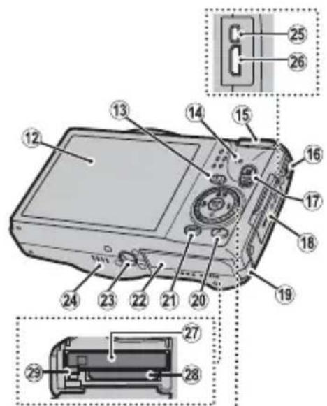 Diagram of a device with numbered parts and labeled connectors, showing internal components and part numbers.