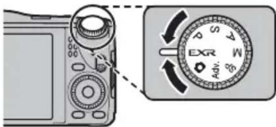 Diagram showing camera mode dial and directional control knob with EXR label