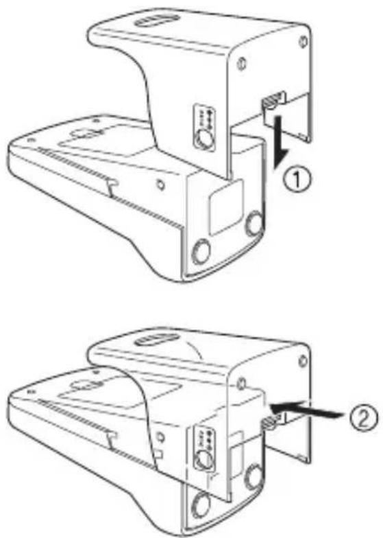 Technical diagram showing two views of a device's internal structure with labeled parts and directional arrows indicating assembly or adjustment.