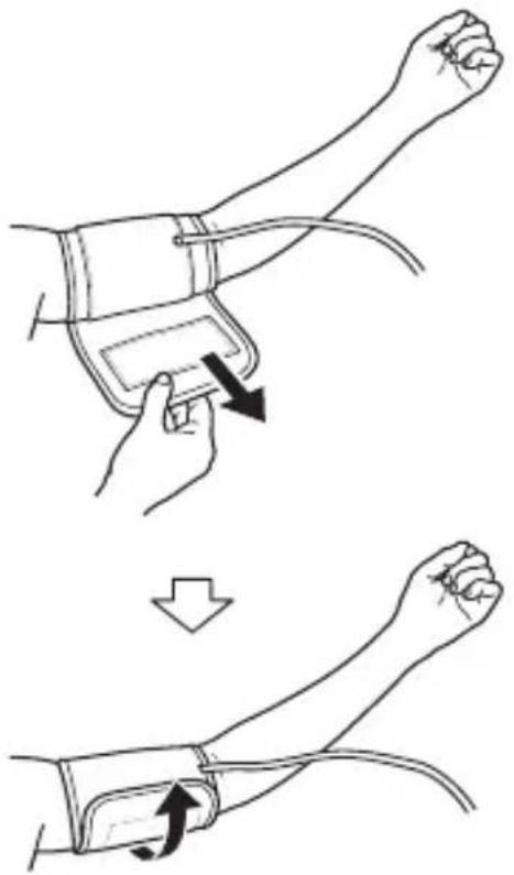 Medical illustration showing a hand performing a blood pressure measurement with an arrow indicating the change from left to right.
