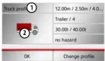 Truck profile ① 12.00m / 2.50m / 4.0... Trailer / 4 30.00t / 40.00t no hazard OK Change profile