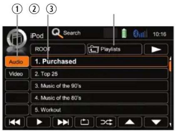 iPod Search 10:16 ROOF Playlists Audio 1. Purchased Video 2. Top 25 3. Music of the 90's 4. Music of the 80's 5. Workout