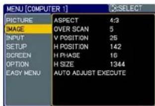 MENU [COMPUTER 1] PICTURE ASPECT 4:3 IMAGE OVER SCAN 5 INPUT V POSITION 25 SETUP H POSITION 142 SCREEN H PHASE 16 OPTION H SIZE 1344 EASY MENU AUTO ADJUST EXECUTE