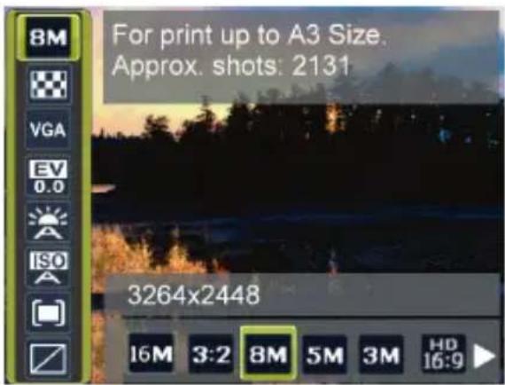 For print up to A3 Size. Approx. shots: 2131 3264x2448 16M 3:2 8M 5M 3M HD 16:9