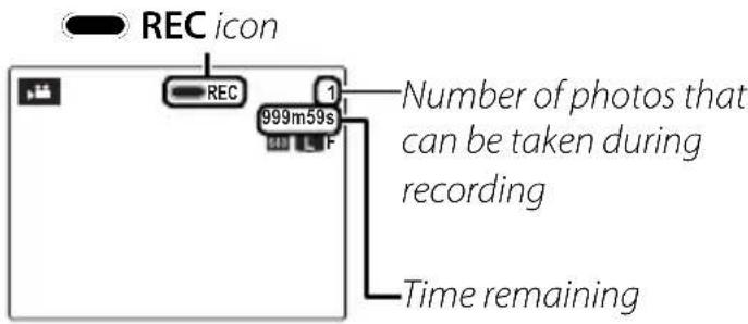 REC icon REC 1 999m59s Number of photos that can be taken during recording Time remaining