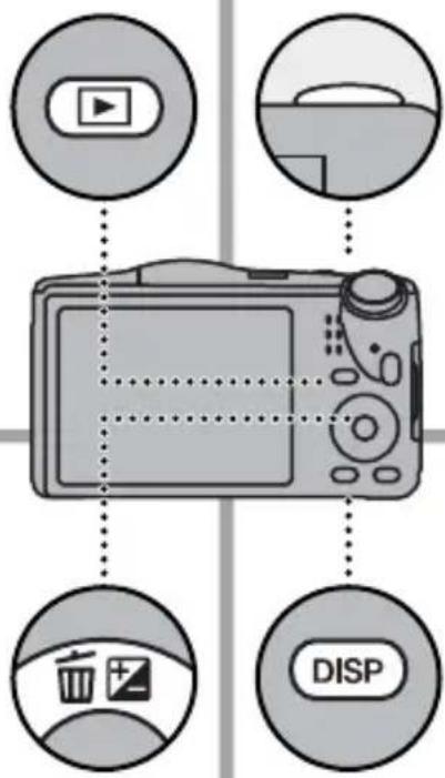 Diagram showing digital camera interface with icons for play, device, waste bin, and DISP functions