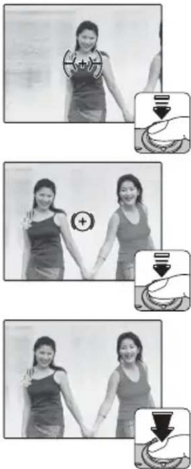 Sequence of four black-and-white images showing a woman demonstrating a hand gesture with icons and directional arrows, likely illustrating a physical or fitness concept.