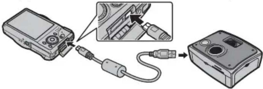 Diagram showing connection between a device and a digital camera via cable, with an inset close-up highlighting the cable being inserted.