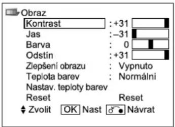 Obraz Kontrast : +31 Jas : -31 Barva : 0 Odstín : +31 Zlepšení obrazu : Vypnuto Teplota barev : Normální Nastav. teploty barev Reset Reset ♦ Zvolit OK Nast ⚙ Návrat