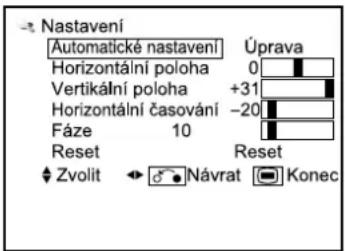 Nastavení Automatické nastavení Horizontální poloha 0 Vertikální poloha +31 Horizontální časování -20 Fáze 10 Reset Reset Zvolit Návrat Konec