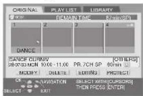 ORIGINAL PLAY LIST LIBRARY 1 2 3 4 DANCE DANCE CARNIVAL 28/07/2019 10:00-11:00 PR.7CH SP 80min MODIFY DELETE EDITING PROTECT OR NAVIGATION SELECT WITH CURSORS SELECT EXIT THEN PRESS ENTER