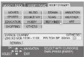MUSIC WORK MODIFY NAME MODIFY CATEGORY MOVIES MUSIC DRAMA ANIMATION SPORTS 300/CM/4V NEWS WEATHER EDUCATION HOBBY 200/MONITOR ART SHOPPING OTHERS DANCE CURRY 25/07 MON 13:00 - 11:00 PR.7CH SP 60min OTHERS RETURN OK NAVIGATION SELECT WITH [CURSOR] THEN PRESS [ENTER] SELECT EXIT