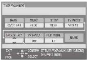 TIME PROGRAM DATE START STOP IV PROG 05/07 SAT 20:00 28:30 V74-10 EASYNTLY VPSPOC REC MODE NAME OFF LP EXIT CONTROL ESTIMETER PROGRAMMING WITH CIRCORS SELECT THIS INPUT (BUY)