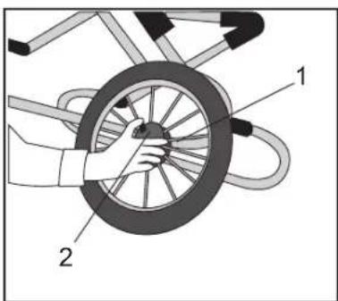 Diagram showing a person adjusting a bicycle wheel with labeled parts 1 and 2