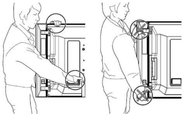 Technical diagram showing two views of a person using a device, with magnified insets highlighting hand and lock symbols.