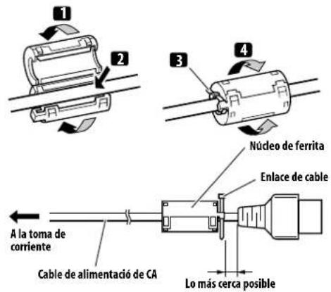 1 2 3 4 Núdeo de ferrita Enlace de cable A la toma de corriente Cable de alimentació de CA Lo más cerca posible