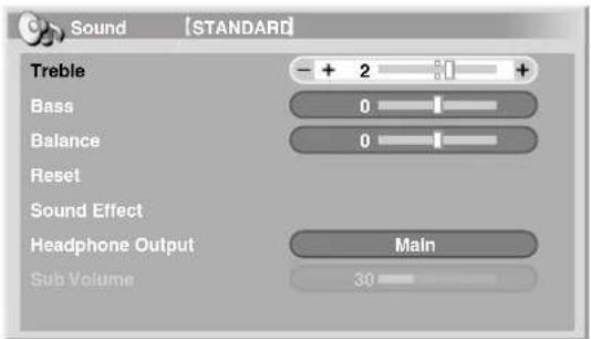 Sound [STANDARD] Treble - + 2 0 + Bass 0 Balance 0 Reset Sound Effect Headphone Output Main Sub Volume 30
