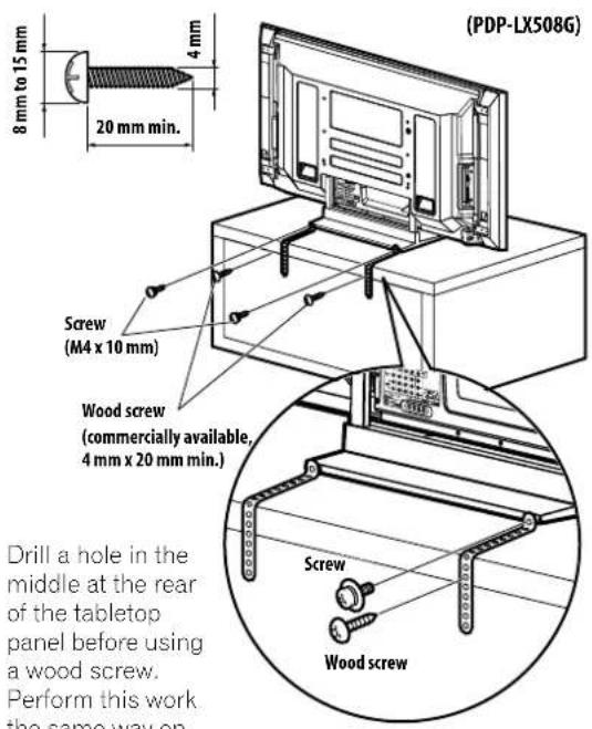 (PDP-LX508G) 8 mm to 15 mm 4 mm 20 mm min. Screw (M4 x 10 mm) Wood screw (commercially available, 4 mm x 20 mm min.) Drill a hole in the middle at the rear of the tabletop panel before using a wood screw. Perform this work the same way on. Screw Wood screw