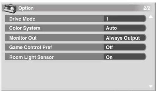 Option Drive Mode 1 Color System Auto Monitor Out Always Output Game Control Pref Off Room Light Sensor On