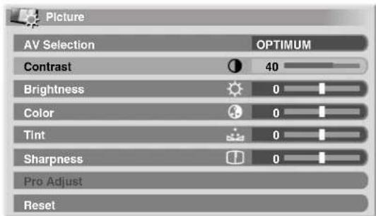 Picture AV Selection OPTIMUM Contrast 40 Brightness 0 Color 0 Tint 0 Sharpness 0 Pro Adjust Reset