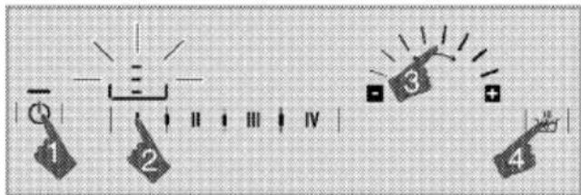 Diagram showing four labeled buttons (1-4) with directional arrows and a light bulb, likely illustrating a control or logic system.