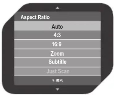 Aspect Ratio Auto 4:3 16:9 Zoom Subtitle Just Scan MENU