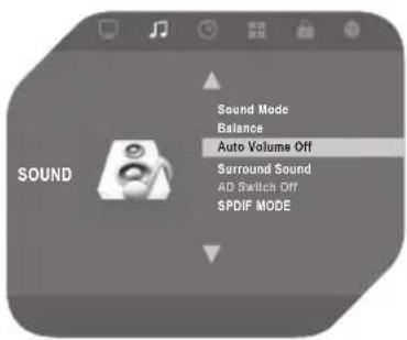 Sound Sound Mode Balance Auto Volume Off Surround Sound AD Switch Off SPDIF MODE