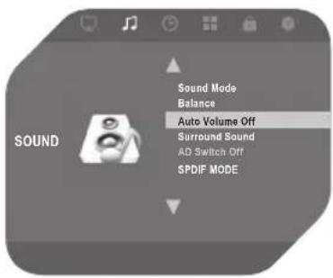 Sound Sound Mode Balance Auto Volumes Off Surround Sound AD Switch Off SPDIF MODE