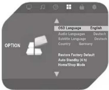 OPTION OSD Language English Audio Languages Deutsch Substitute Language Deutsch Country Germany Restore Factory Default Auto Standby (4 h) Home/Shop Mode
