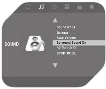 Sound Sound Mode Balance Auto Volume Surround Sound On AD Switch Off SPDIF MODE