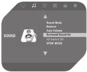 Sound Sound Mode Balance Auto Volume Surround Sound On AD Switch Off SPDIF MODE