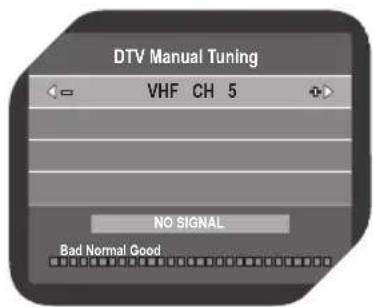 DTV Manual Tuning VHF CH 5 NO SIGNAL Bad Normal Good