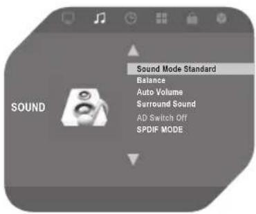 Sound Mode Standard Balance Auto Volume Surround Sound AD Switch Off SPDIF MODE