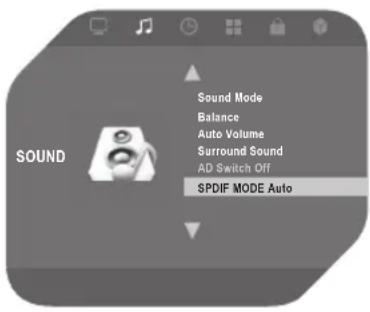 Sound Sound Mode Balance Auto Volume Surround Sound AD Switch Off SPDIF MODE Auto