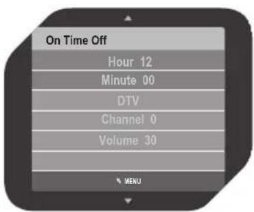 On Time Off Hour 12 Minute 00 DTV Channel 0 Volume 30 MENU