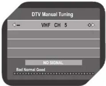 DTV Manual Tuning VHF CH 5 NO SIGNAL Bad Normal Good