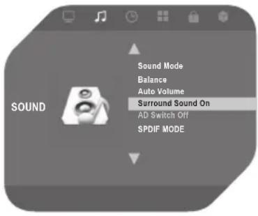 Sound Sound Mode Balance Auto Volume Surround Sound On AD Switch Off SPDIF MODE