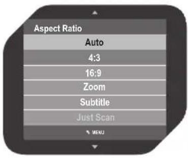Aspect Ratio Auto 4:3 16:9 Zoom Subtitle Just Scan MENU