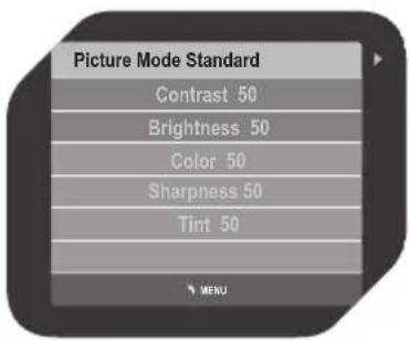 Picture Mode Standard Contrast 50 Brightness 50 Color 50 Sharpness 50 Tint 50 MENU