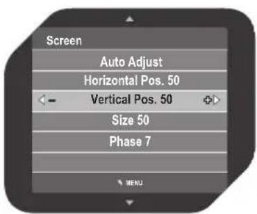 Screen Auto Adjust Horizontal Pos. 50 Vertical Pos. 50 Size 50 Phase 7 MENU