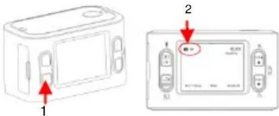 Diagram showing two views of a device with labeled parts: one with red arrows pointing to part 1 and another with red arrows pointing to component 2.