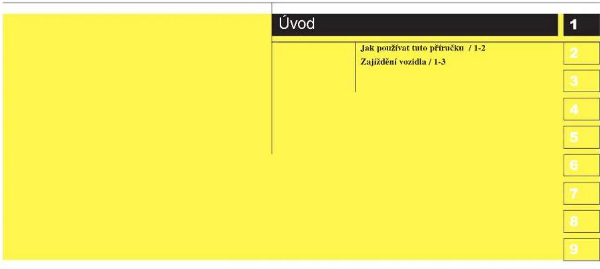 | Value | Category | |---|---| | 2 | Jak používat tuto příručku / 1-2 | | 3 | Zajiždění vozidla / 1-3 | | 4 | | | 5 | | | 6 | | | 7 | | | 8 | | | 9 |
