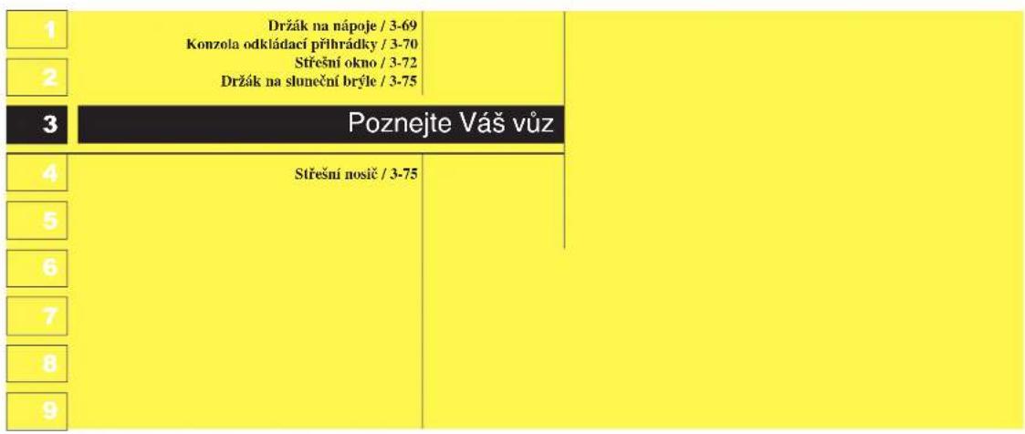 | Event | Frequency | |---|---| | 1 | Držák na nápoje / 3-69 Konzola odkládací příhrádky / 3-70 Střešní okno / 3-72 Držák na sluneční brýle / 3-75 | | 2 | | | | 3 | Poznejte Váš vůz | | 4 | Střešní nosič / 3-75 | | 5 | | | | 6 | | | 7 | | 8 | | 9 | | | | | | | | | | | | | | | | | | | | | | | | | | |…
