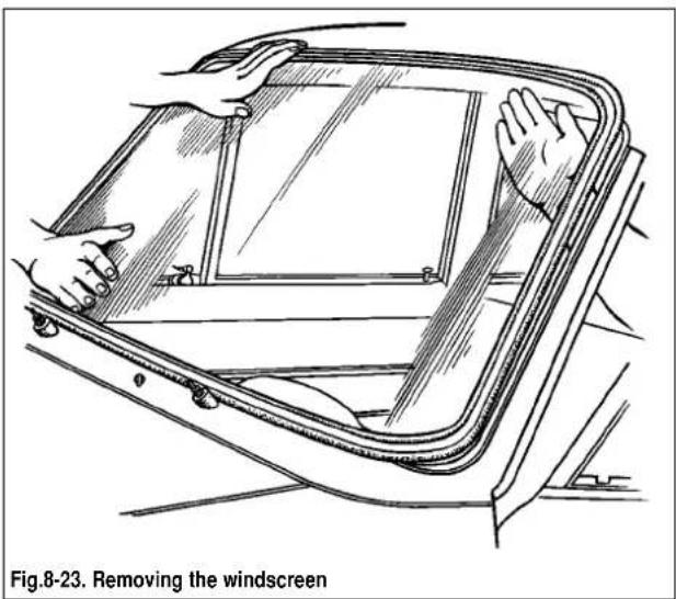 Line drawing of a car interior showing hands installing or removing the windscreen (no text or symbols on diagram)
