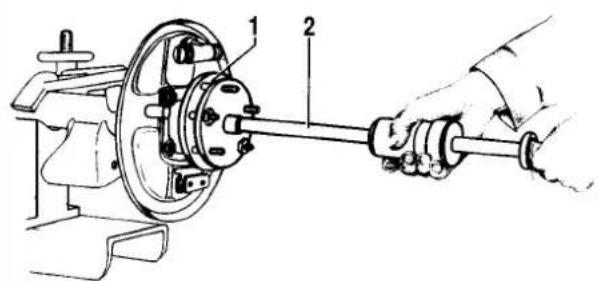 Technical diagram of a mechanical assembly with labeled parts 1 and 2, showing a hand operating a shaft.