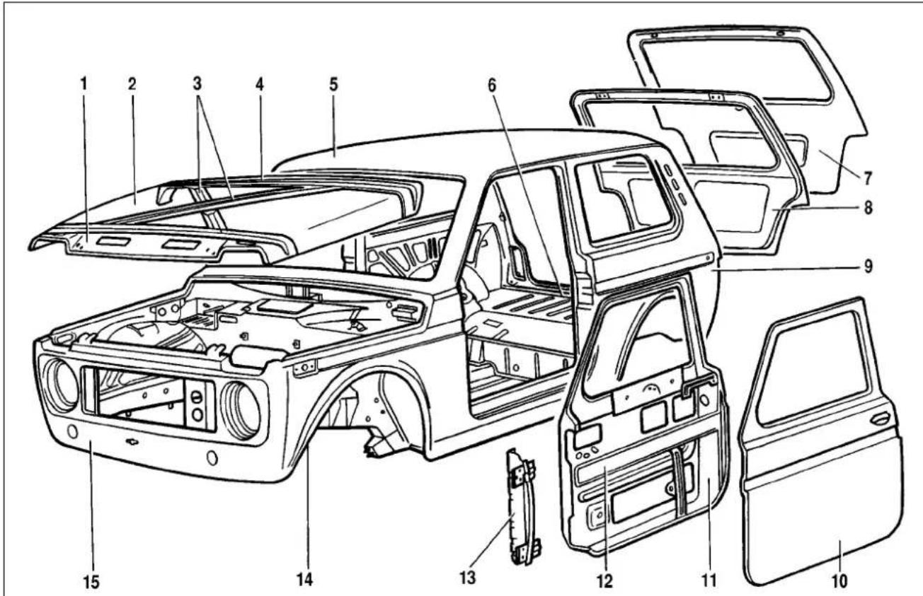 Technical diagram of a car body frame with numbered components for identification