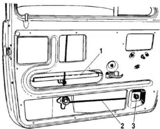 Technical diagram of a vehicle door frame with labeled components including handle, lock, and valve parts