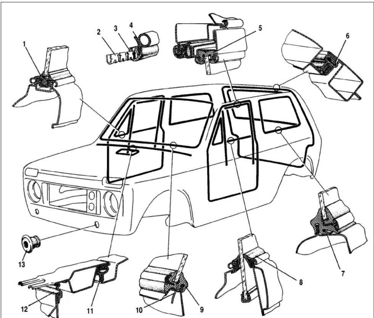 Technical diagram of a car's front and side assembly with numbered parts for identification